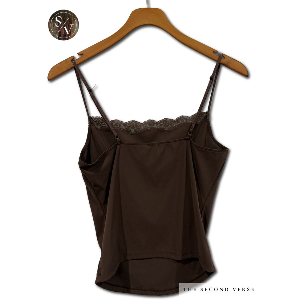 Lace Trim Cami Women Coquette Whimsygoth Adjustable Strap Brown S - Picture 2 of 9